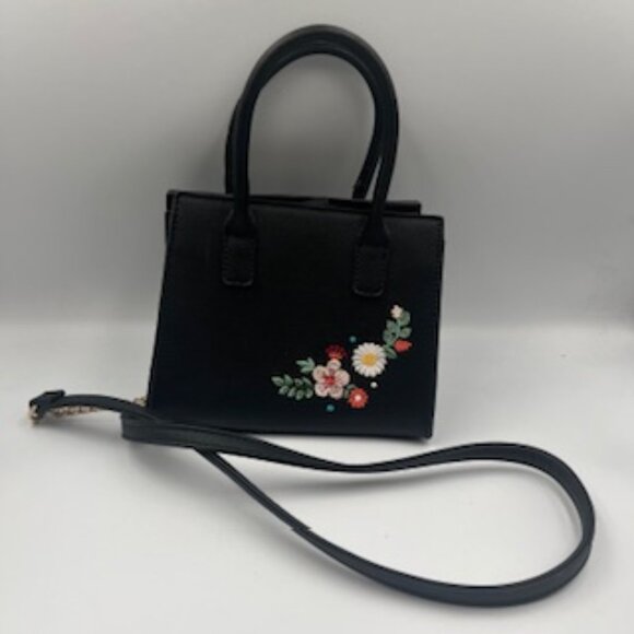 Embroidered Black Mini Crossbody Purse Flowers Handles Faux Leather Bag - Picture 1 of 10